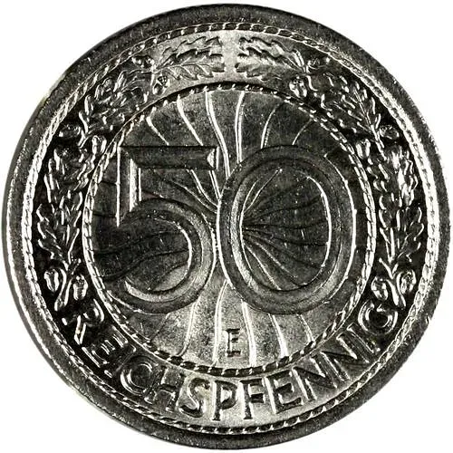 50 рейхспфеннигов 1935, E, знак монетного двора "E" — Мульденхюттен [Германия]