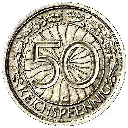 50 рейхспфеннигов 1931, G, знак монетного двора "G" — Карлсруэ [Германия / Веймарская республика]