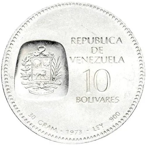 10 боливаров 1973, 100 лет изображению на монетах бюста Симона Боливара [Венесуэла]