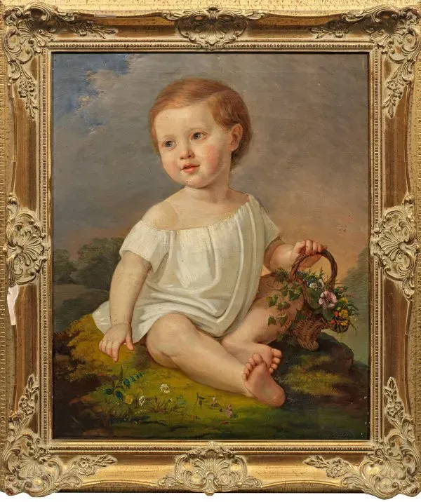 Маленький ребенок с корзинкой цветов: чувствительное позднебидермейерское полотно