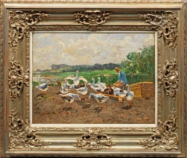 "Мюнхен - 1915: Кормление гусей под ароматным облачным небом на берегу озера"