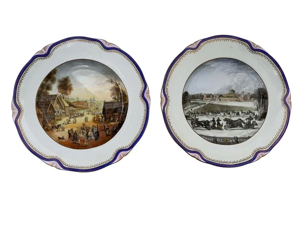 Фаянсовые тарелки от Кузнецова: русская ярмарка и зимняя Тройка