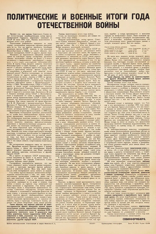 Плакат: Политические и военные итоги года Отечественной войны. Краснодар, [1942].