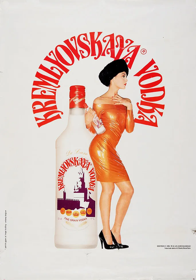 Рекламный плакат «Кремлевская водка» [Kremlyovskaya vodka. На англ. яз.]. Антверпен: Produced under authority of A/O Beniteks/Moscow/Russsia, [конец 1980-х — нач. 1990-х гг.].